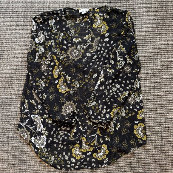 LOFT Black and Gray Graphic Long Sleeve Blouse - Picture 1 of 2